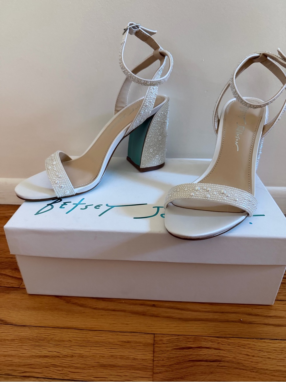 Betsey Johnson Ivory Crystal Block Heel Sandals